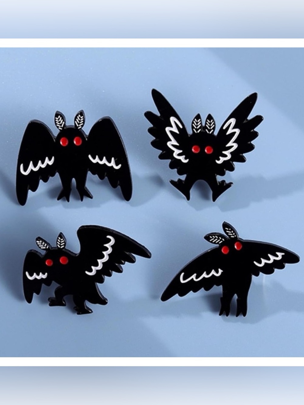 NEW Set of 4 Mothman Enamel Pins Cryptid Horror Goth Supernatural Black White